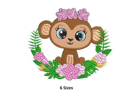 Charming Floral Monkey Embroidery Design