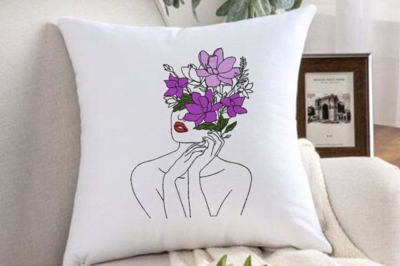 Young Beautiful Woman with Flowers Embroidery
